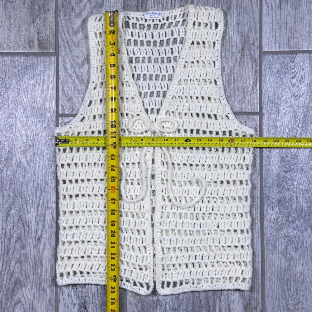 Vintage Hand Crocheted Cream Vest Tie Front Boho Regencycore Hippie‎ Open Knit - Picture 7 of 7